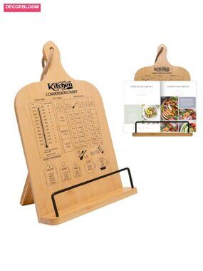 Bamboo Cookbook Stand, Adjustable Folding Recipe Holder with Conversion Chart